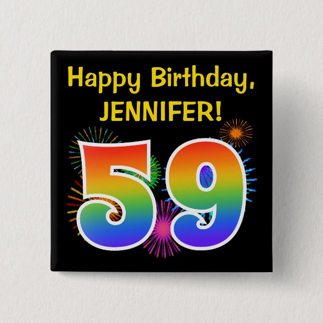 Macaron Carré 5 Cm Fun Fireworks + Rainbow Motif "59" Anniversaire # (Devant)