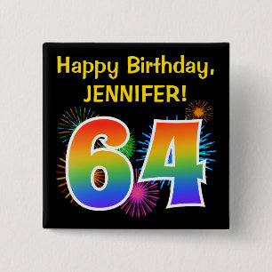 Macaron Carré 5 Cm Fun Fireworks + Rainbow Motif "64" Anniversaire #