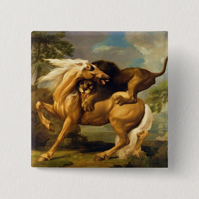 Macaron Carré 5 Cm George Stubbs | un lion attaquant un cheval, (Devant)