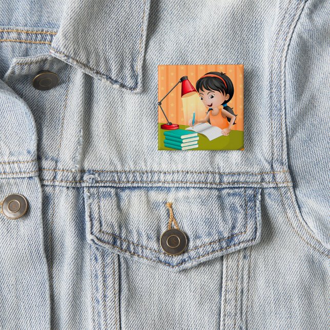 Macaron Carré 5 Cm Girl Studying at Desk Doing Homework (Créateur téléchargé)