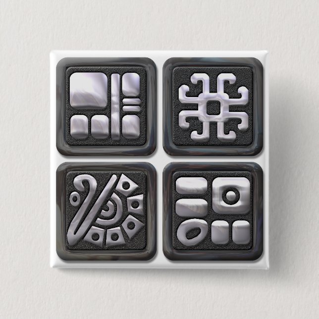 Macaron Carré 5 Cm Glyphs-noir et argenté maya (Devant)