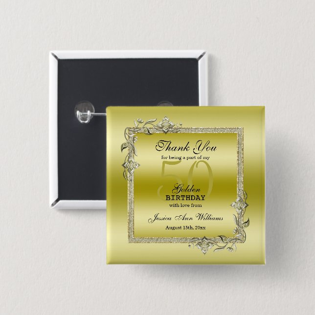 Macaron Carré 5 Cm Gold Gem & Parties scintillant 50e Anniversaire d' (Devant & derrière)