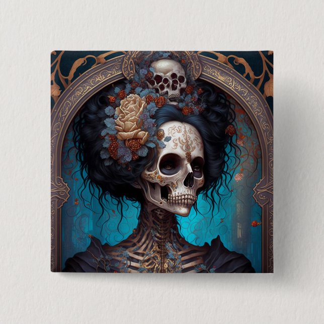 Macaron Carré 5 Cm Goth Skeleton Skull Woman Gothique (Devant)