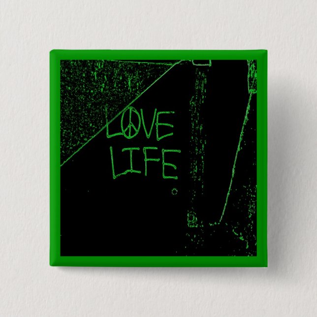 Macaron Carré 5 Cm Graffiti "Love Life" Bouton vert néon (Devant)