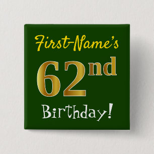 Macaron Carré 5 Cm Green, Faux Gold 62nd Birthday, With Custom Name