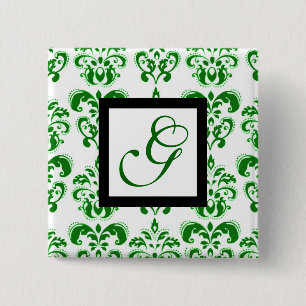 MACARON CARRÉ 5 CM GREEN WHITE DAMASK BLACK SQUARE MONOGRAM