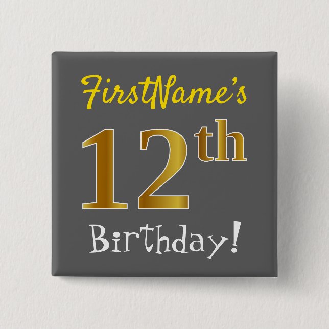 Macaron Carré 5 Cm Grey, Faux Gold 12e Anniversaire, Avec Nom Personn (Devant)
