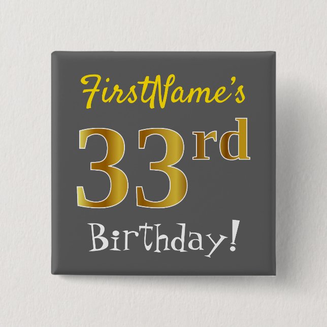 Macaron Carré 5 Cm Grey, Faux Gold 33e Anniversaire, Avec Nom Personn (Devant)