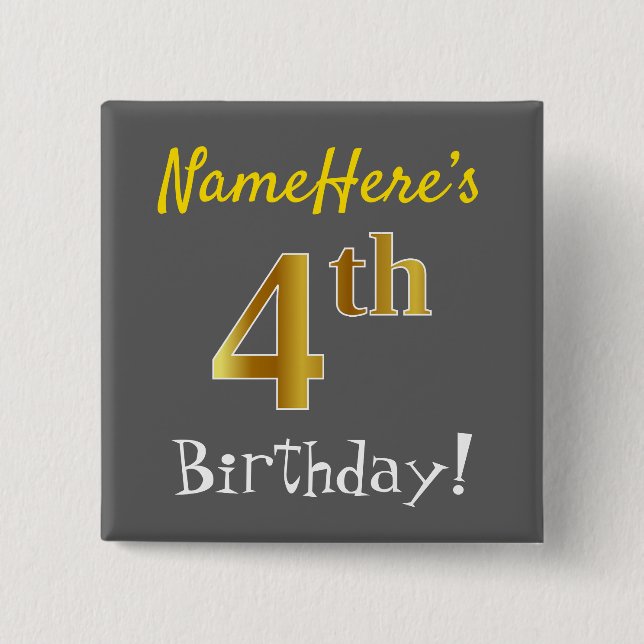 Macaron Carré 5 Cm Grey, Faux Gold 4th Birthday, Avec Nom Personnalis (Devant)