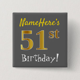 Macaron Carré 5 Cm Grey, Faux Gold 51e Anniversaire, Avec Nom Personn