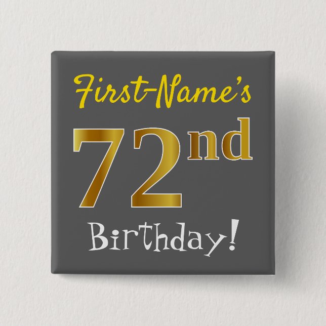 Macaron Carré 5 Cm Grey, Faux Gold 72e Anniversaire, Avec Nom Personn (Devant)