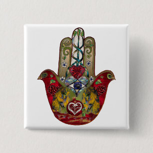 Macaron Carré 5 Cm Hamsa Rouge Oiseau Cœur Grenade Rubis