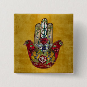 Macaron Carré 5 Cm Hamsa Rouge Oiseau Cœur Grenade Rubis