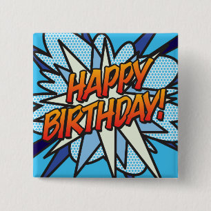 Macaron Carré 5 Cm HAPPY BIRTHDAY Fun Retro Comic Book
