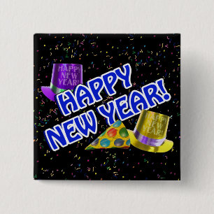 Macaron Carré 5 Cm HAPPY NEW YEAR! Blue Text w/Party Hats