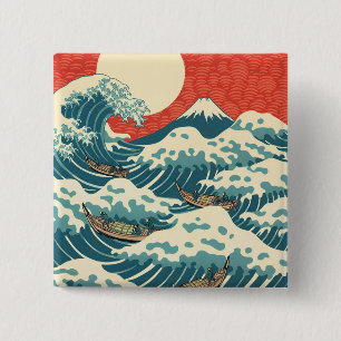 Macaron Carré 5 Cm Hokusai Grande Vague Rétro Art Japonais