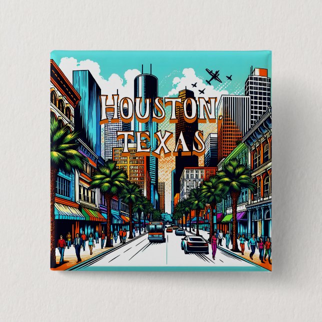 Macaron Carré 5 Cm Houston, Texas Downtown City View Art Abstrait (Devant)