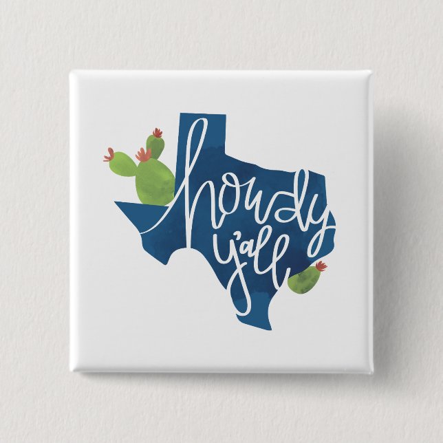 Macaron Carré 5 Cm Howdy Y'all Texas Texan Blue Bonnet Cactus (Devant)