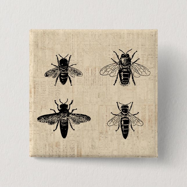 Macaron Carré 5 Cm Illustration d'abeilles Antique Bee Art Design Vin (Devant)