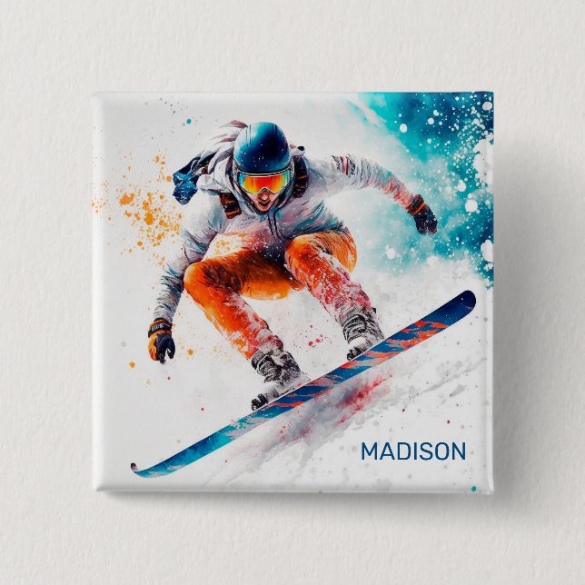 Macaron Carré 5 Cm Illustration de snowboarder de nom personnalisé (Devant)
