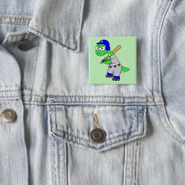 Macaron Carré 5 Cm Illustration D'Un Joueur De Baseball Brontosaurus. (En situation)