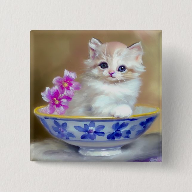 Macaron Carré 5 Cm Illustration vintage de chaton blanc (Devant)