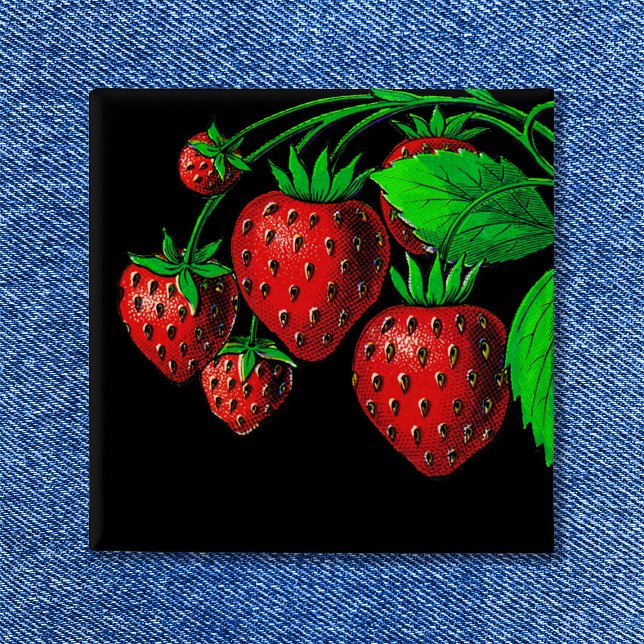 Macaron Carré 5 Cm Illustration Vintage des fraises fraîches (Fresh Strawberries Button)