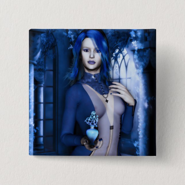 Macaron Carré 5 Cm Imaginaire de sorcière gothique bleu de minuit (Devant)