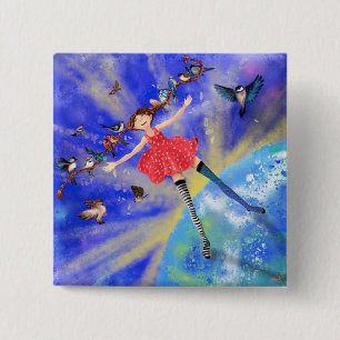 Macaron Carré 5 Cm Imaginaire du bouton Fille avec oiseaux