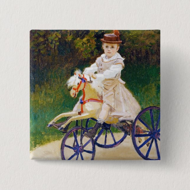 Macaron Carré 5 Cm Jean Monet sur un cheval mécanique Claude Monet (Devant)