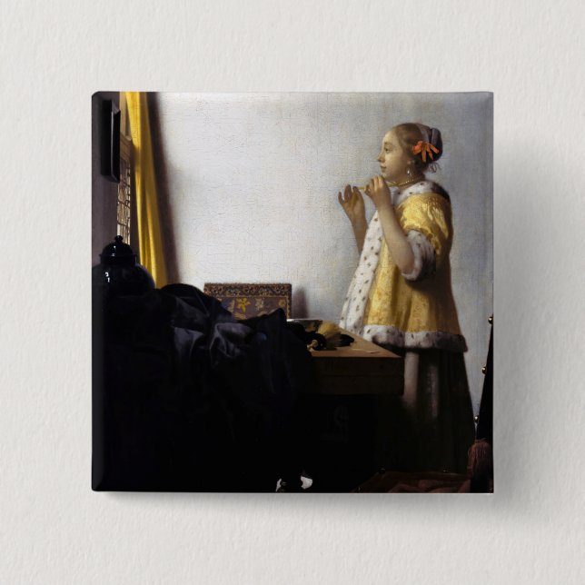 Macaron Carré 5 Cm Johannes Vermeer - Jeune femme avec collier perle (Devant)