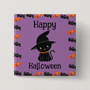 Macaron Carré 5 Cm Joli chat noir en chapeau de sorcière Joyeux Hallo