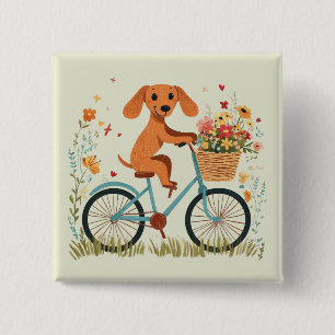 Macaron Carré 5 Cm Joli chien teckel à vélo Fleurs printanières