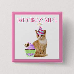 Macaron Carré 5 Cm Jolie fille d'anniversaire avec chat Kitty
