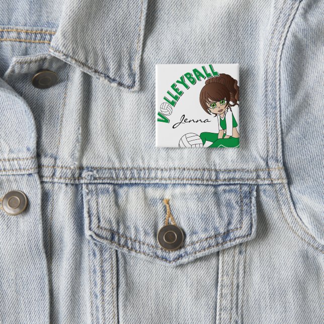 Macaron Carré 5 Cm Joueur de volleyball mignon de fille en vert (En situation)