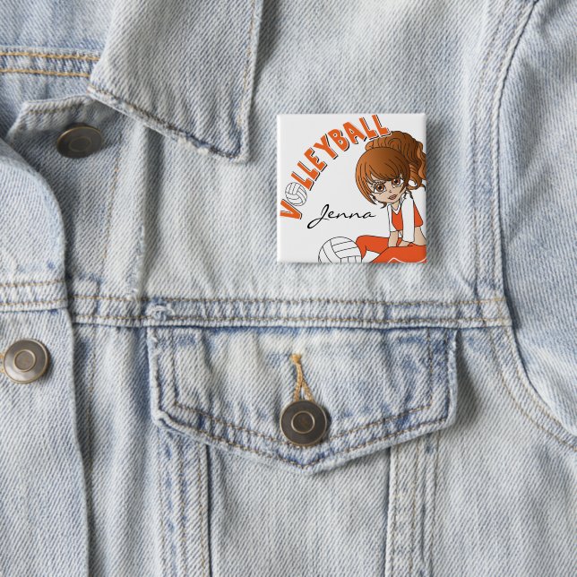 Macaron Carré 5 Cm Joueuse de volley-ball mignonne en orange (En situation)