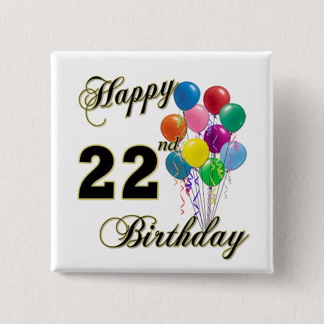 Macaron Carré 5 Cm Joyeux 22ème anniversaire avec des ballons (Devant)