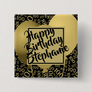 Macaron Carré 5 Cm Joyeux Anniversaire 100ème Motif Numérique Noir/Or
