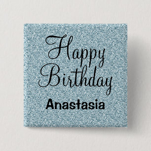 Macaron Carré 5 Cm Joyeux Anniversaire Bleu Argent Paillettes Brillan