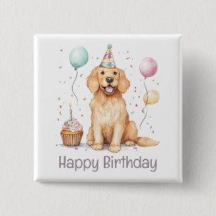 Macaron Carré 5 Cm Joyeux Anniversaire Golden Retriever Chien