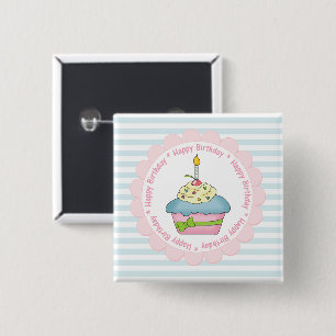 Macaron Carré 5 Cm Joyeux Cupcakes Anniversaire Bleu Stripes avec ros