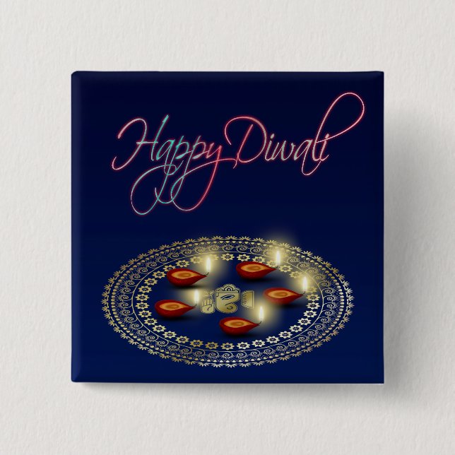 Macaron Carré 5 Cm Joyeux Diwali Ganesha Rangoli - Bouton (Devant)