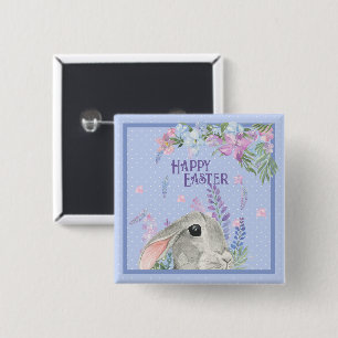 Macaron Carré 5 Cm Joyeux lapin d'aquarelle de Pâques et fleurs