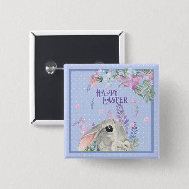 Macaron Carré 5 Cm Joyeux lapin d'aquarelle de Pâques et fleurs (Devant & derrière)