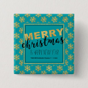 Macaron Carré 5 Cm Joyeux Noël Elegant Or Bleu - Bouton