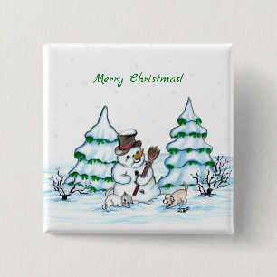Macaron Carré 5 Cm Joyeux Noël ! Snowman avec chat et chiot