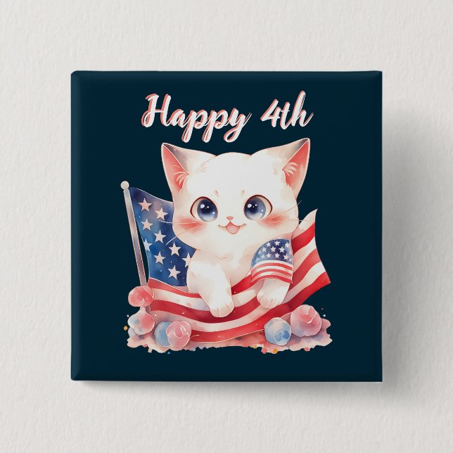 Macaron Carré 5 Cm Kitten patriotique 4 juillet Happy 4th Custom (Devant)