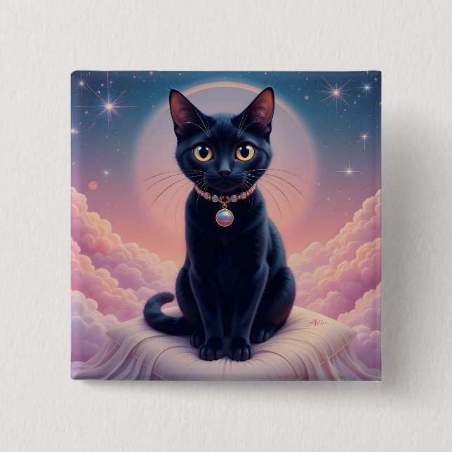 Macaron Carré 5 Cm La Reine Du Ciel De Chat Noir (Devant)
