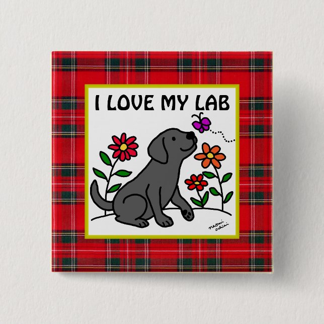Macaron Carré 5 Cm Labrador noir et tartan vert (Devant)