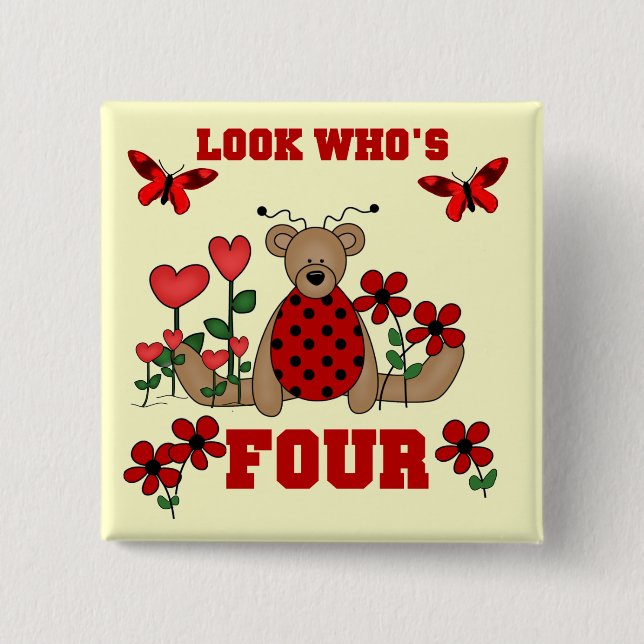 Macaron Carré 5 Cm Ladybug Bear 4th Birthday Tshirts et cadeaux (Devant)